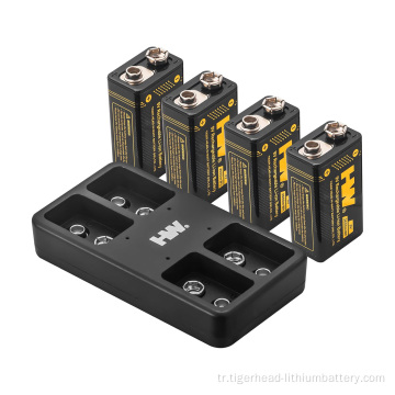 4PCS 9V 3600mWh Şarj Edilebilir Lityum Piller, Şarj Cihazı ile